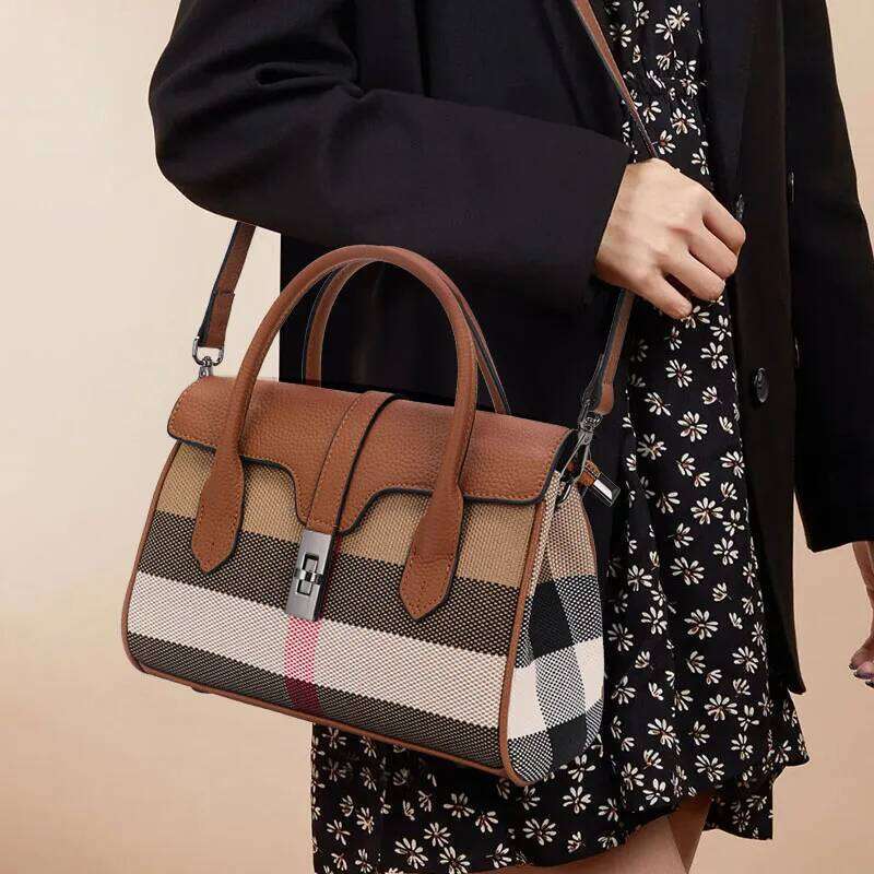 Aidrani Classic plaid women's bag, large capacity handbag, canvas patchwork cowhide shoulder bag