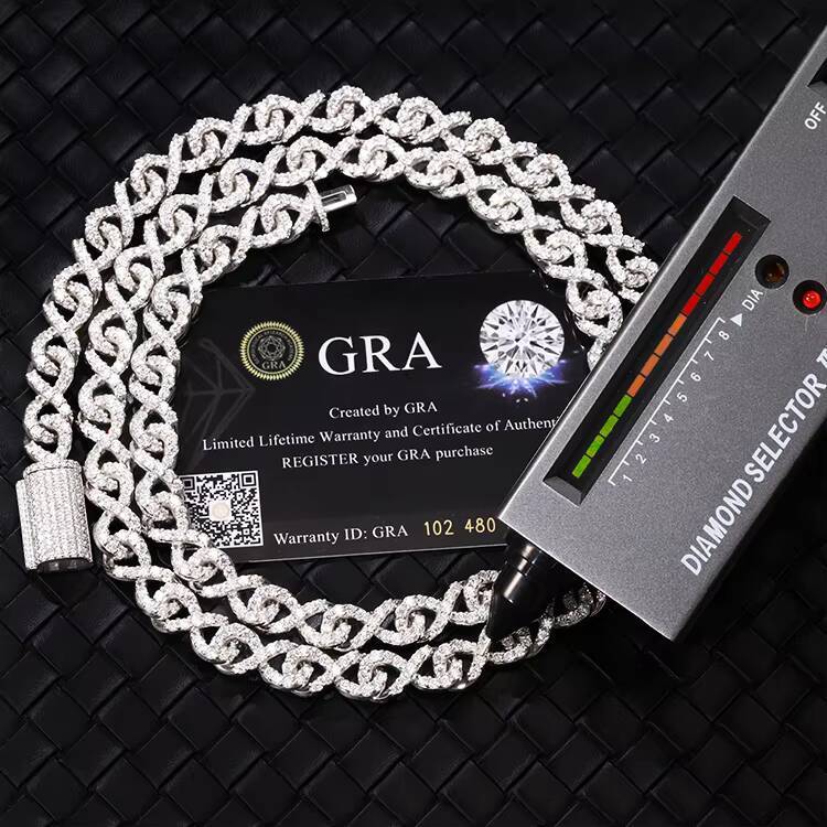 Hip Hop Jewelry 9mm Wide Infinite Shape Insert Vvs Moissanite with GRA Certificate S925 Cuban Link Chain for Cool Guys
