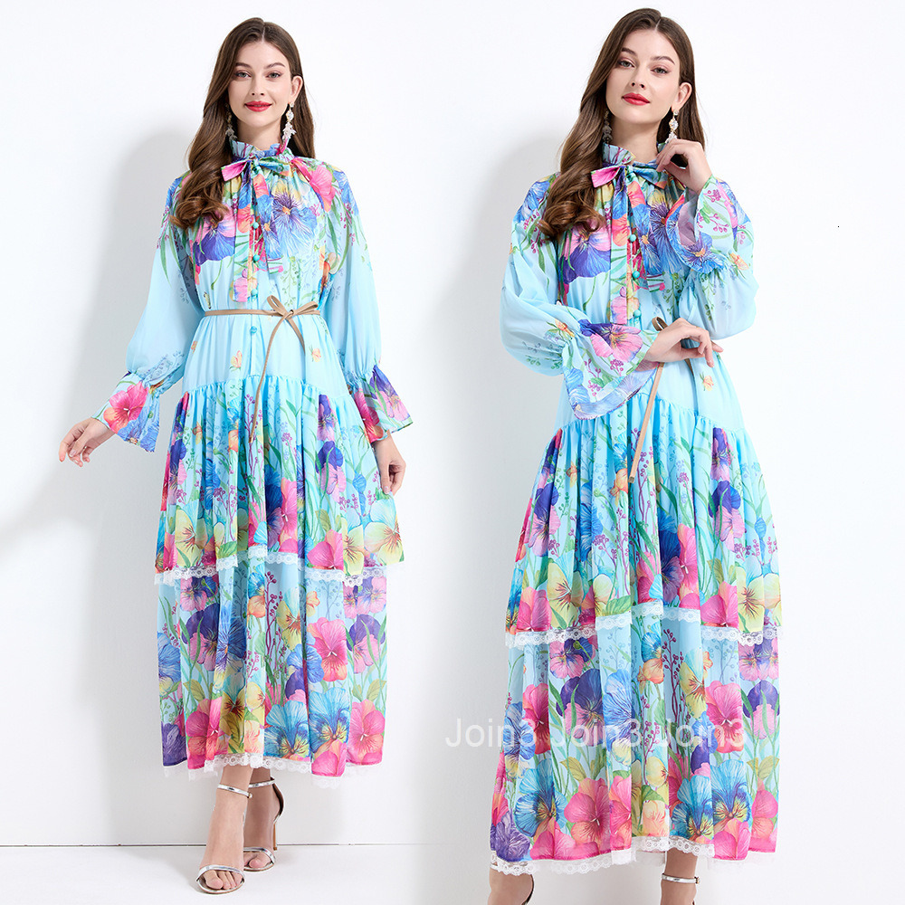 2174 Spring New Womens Clothing Vacation Style Lace Cake Dress Floral Print Waist-Cinching Long Dress - Two-Piece Set