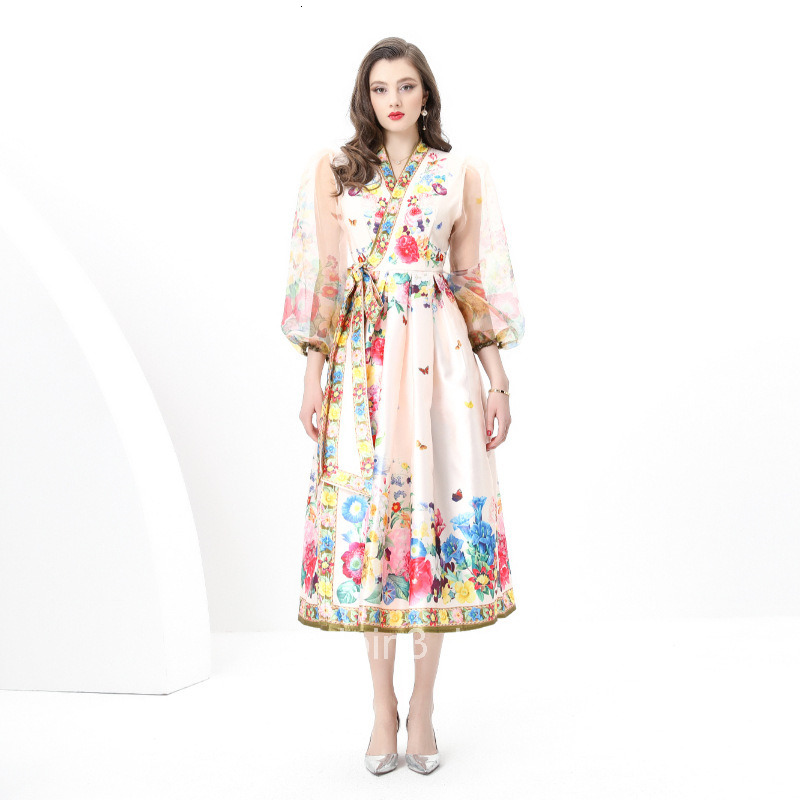 6095 Early Spring New Womens Vacation Wrap Tie V-neck Lantern Sleeve Long Dress Printed Dress
