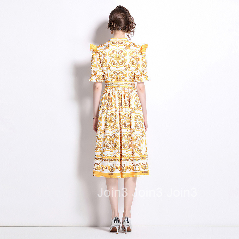 6073 Fashion Elegance Style Stand Collar Single-Breasted Printed Dress