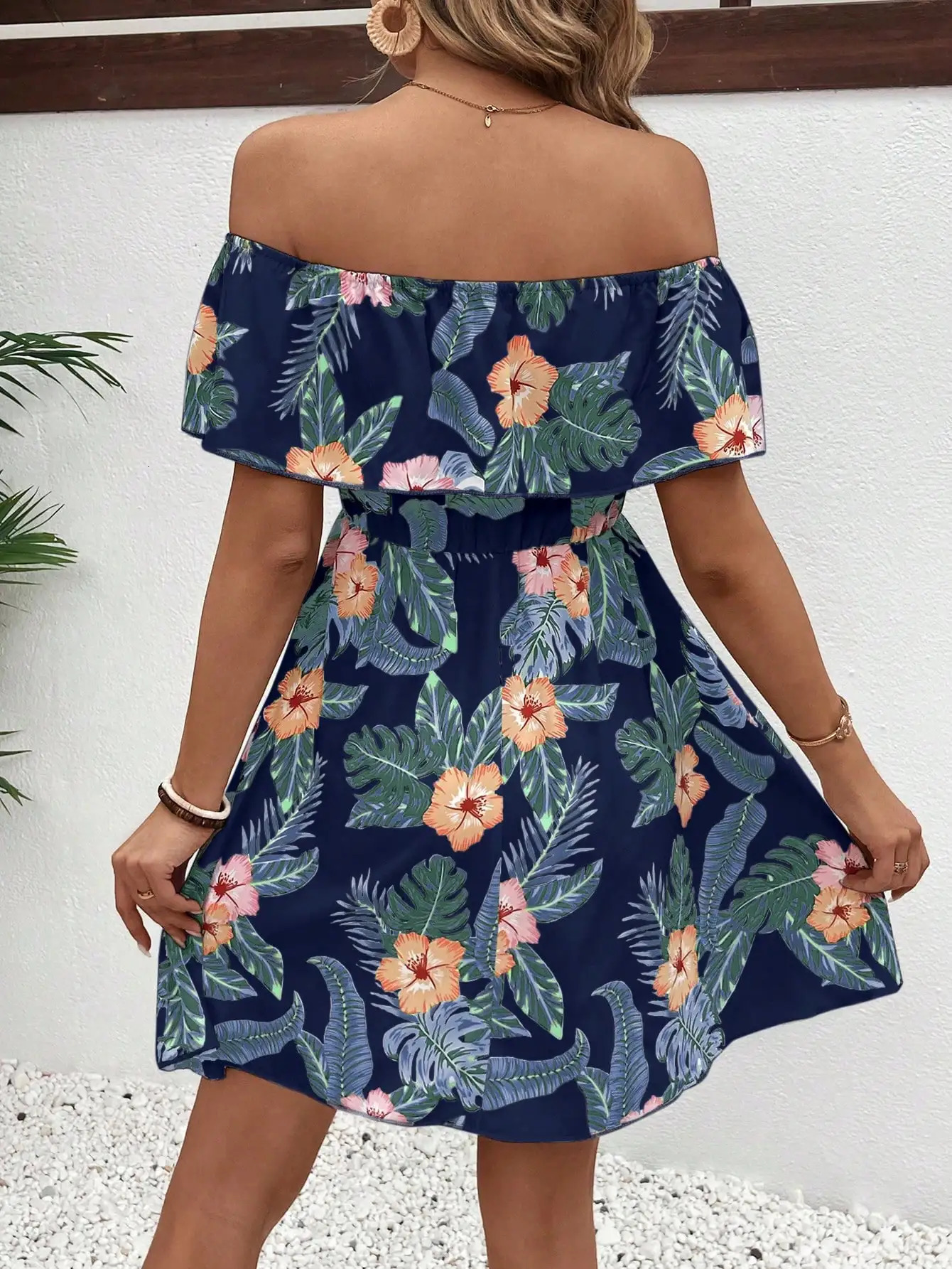 Elegant fashion womens dress line neck short sleeve ruffle full body print casual 250717