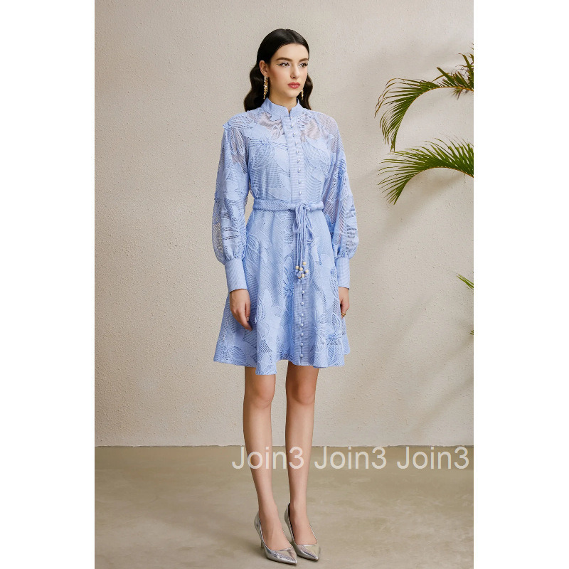 8872 Early Autumn Elegance Style Stand Collar Lantern Sleeve Gathered Wide Hem Three-Dimensional Lace Dress