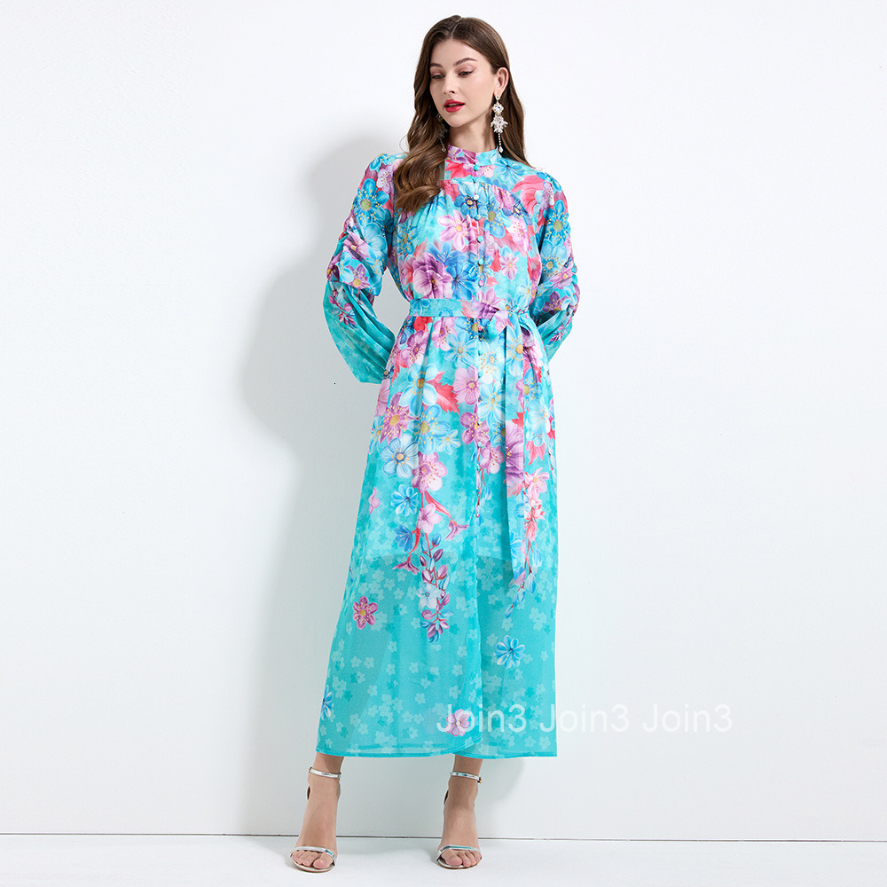 2157 Spring New Womens Fashion Elegant Vacation Style Stand Collar Chiffon Printed Waist-Cinching Long Dress - Two-Piece Set