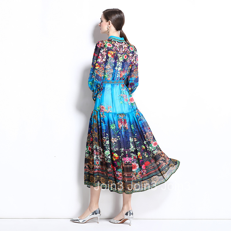 1242 Spring/Summer New Chiffon Collar Lantern Sleeve Printed Dress Long Skirt