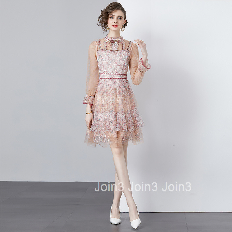 6891 Spring and Autumn New Womens Fashion A-line Cake Dress Elegant Long Sleeve Mesh Slim Fit Dress