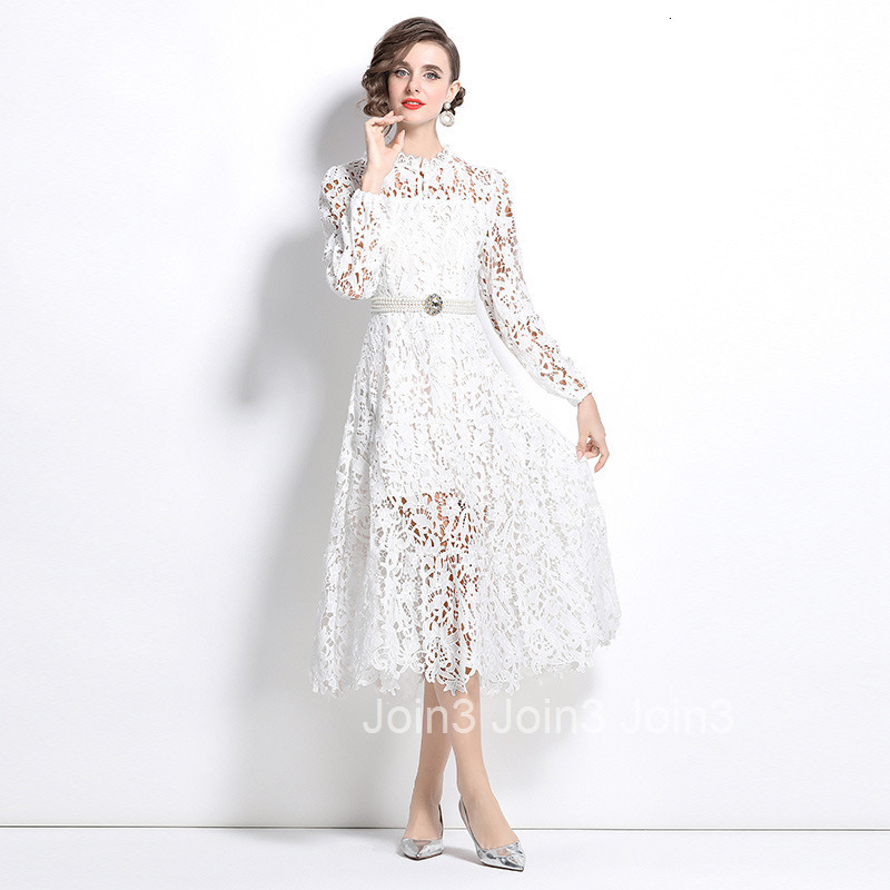8561 Spring and Autumn New Womens Clothing Style Water soluble Lace Embroidery Hollow Hook Flower Waist Long Dress