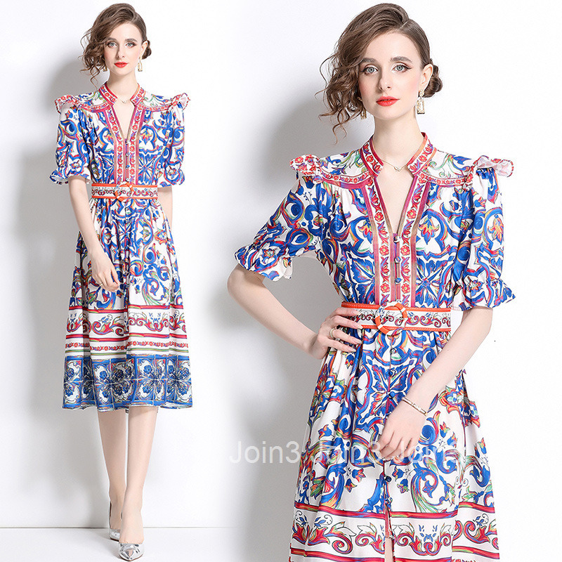 8753 Fashion Elegance Style Stand Collar Single-Breasted Blue and White Porcelain Print Dress
