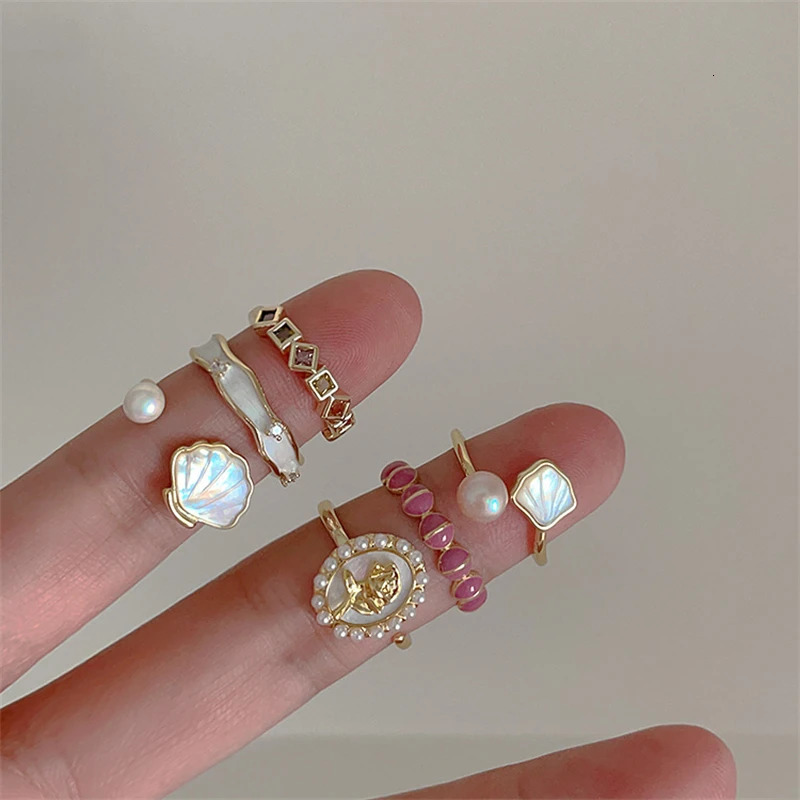 Trendy French Style Seashell Pearl Rings for Women Girls Flower Opening Ring Aesthetic Wedding Party Jewelry Gift 250717