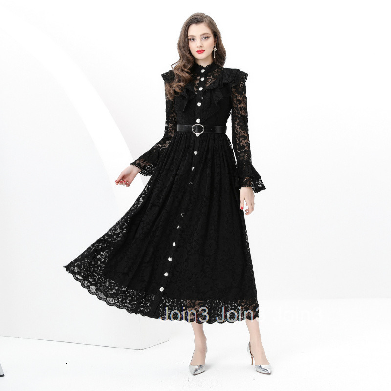 8829 Early Spring New Womens Fashion Elegant Vacation Ruffle Trim Waist Cinch Flared Lace Long Dress