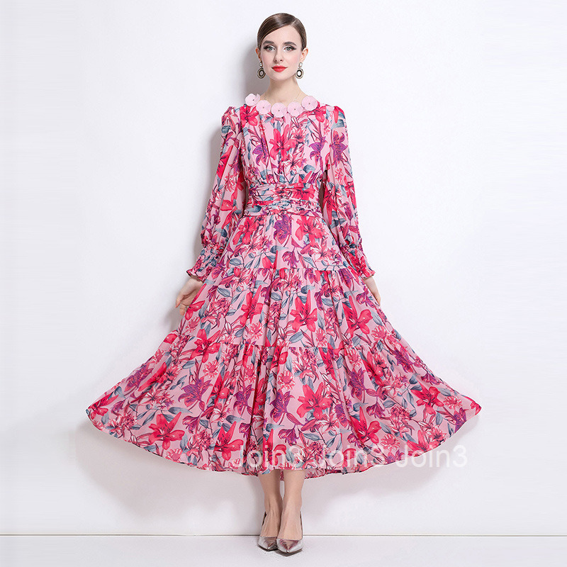 8800 New Fashionable Floral Dress Long Sleeve Flared Mid-Length Dress