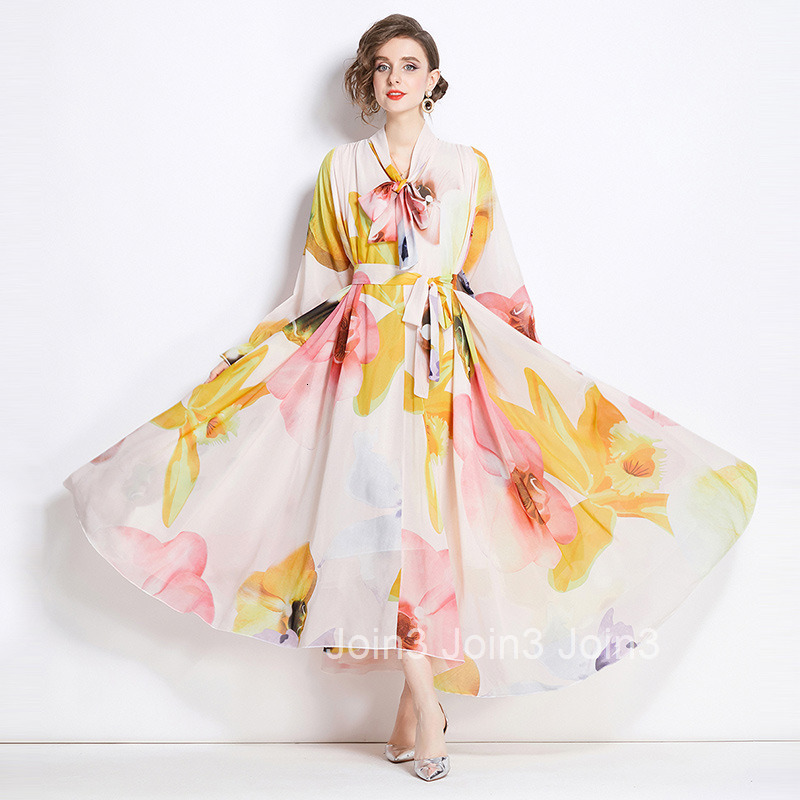 9357 Spring and Autumn New Womens Fashion Elegant Chiffon Printed Long Sleeve Slim Fit Flared Long Dress