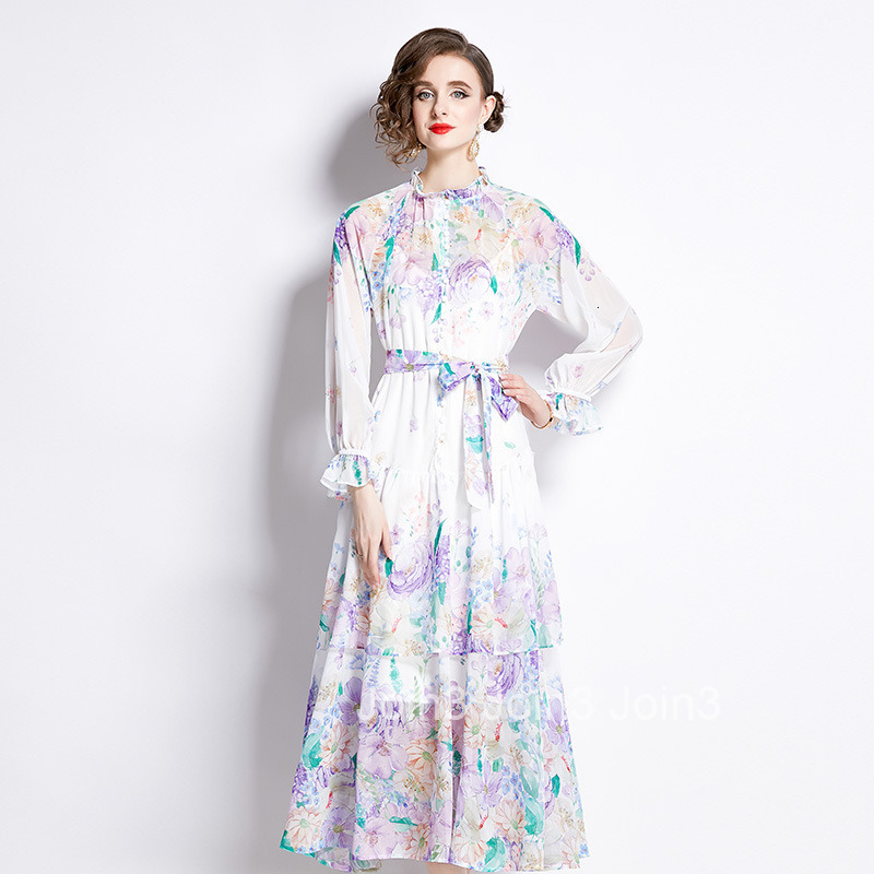 2492 Spring Summer New Womens Fashion Elegant Long Sleeve Ruffled Floral Colorful Waist-Cinching Cake Long Dress