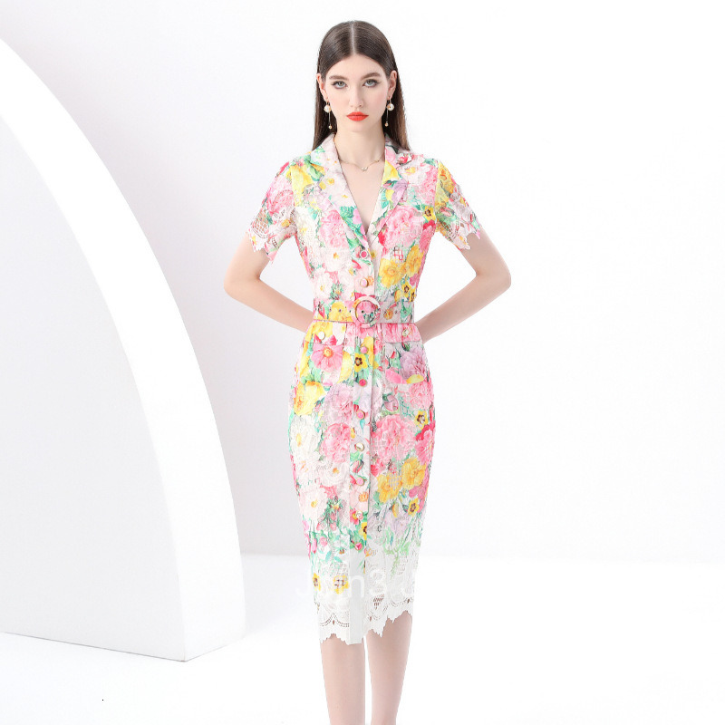 6193 Early Spring New Womens Suit Collar Short Sleeve Slim Lace Print Mid-Length Dress