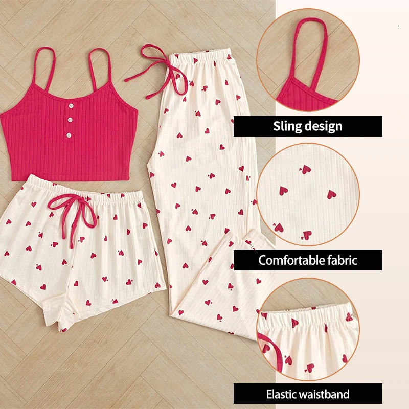 Three Piece Womens HeartShaped Printed Vest Shorts and Pants Paired with Ribbed Fabric for Home Casual Sleepwear Set 250717