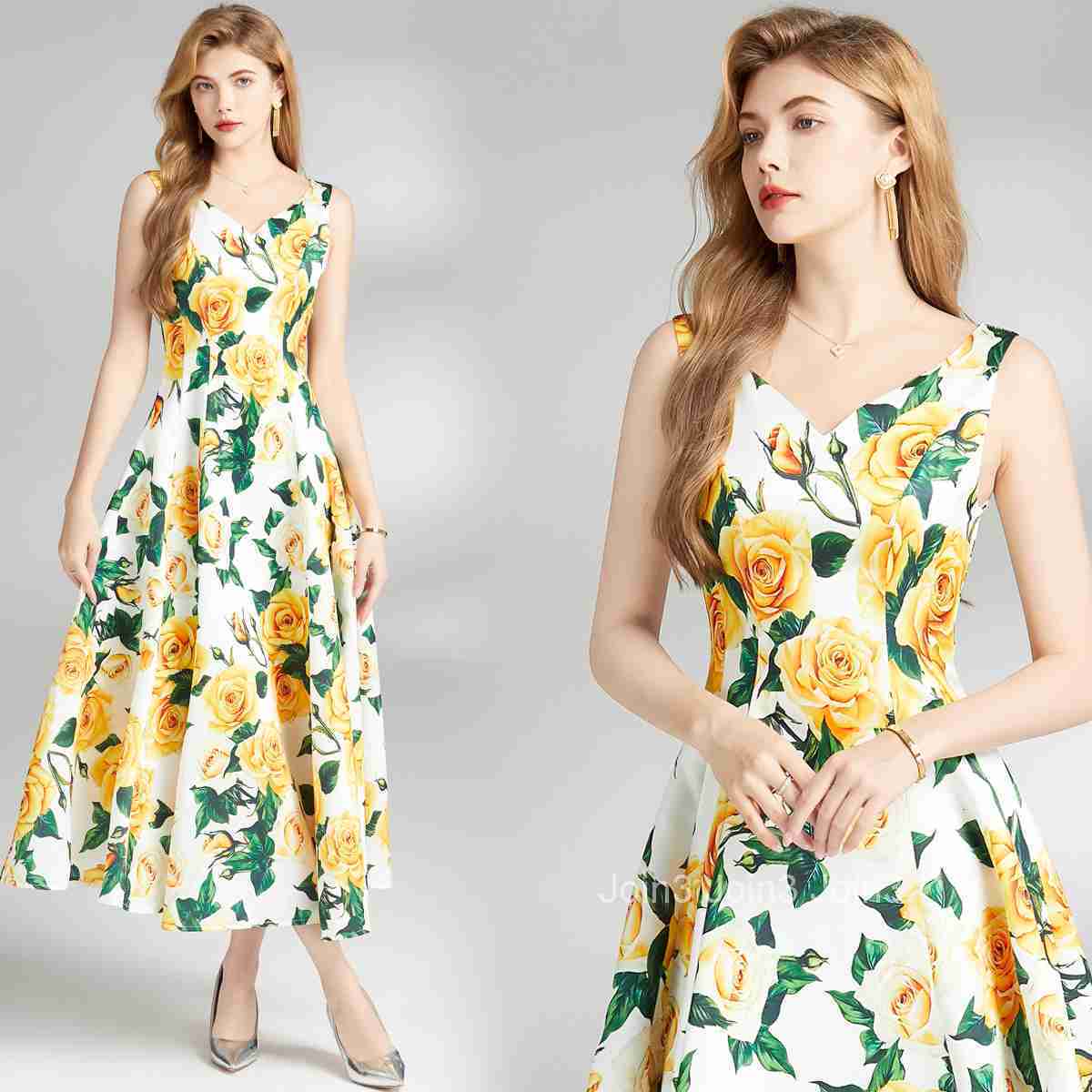 6832 Summer New Womens Fashion Elegant Printed V-neck Waist-cinching Slimming Sleeveless A-line Dress Flared Long Dress