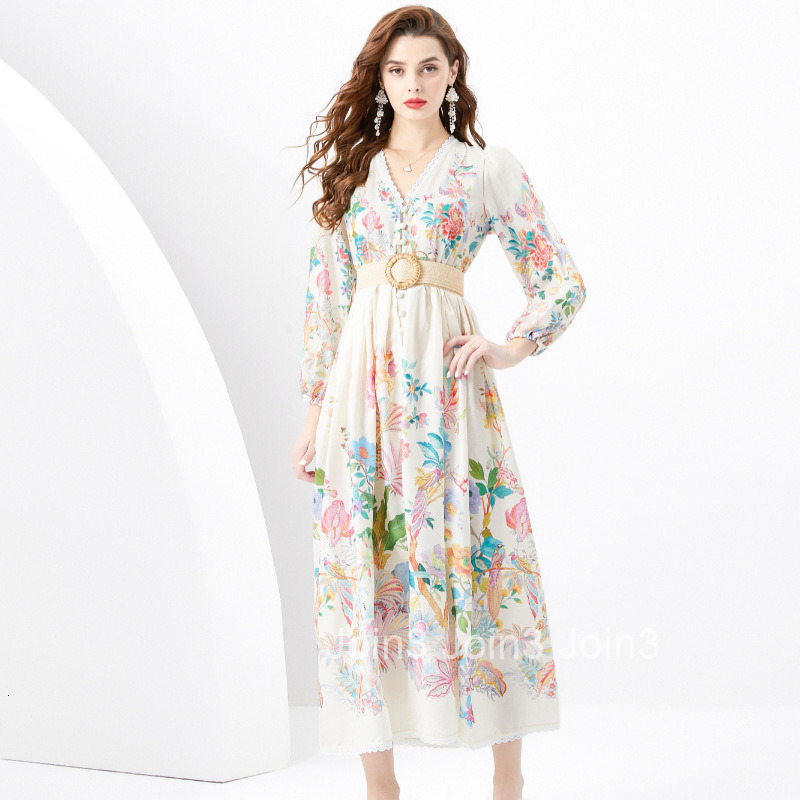 6272 Spring Summer New Womens Vacation Style V-Neck Lantern Sleeve Printed Flared Long Dress