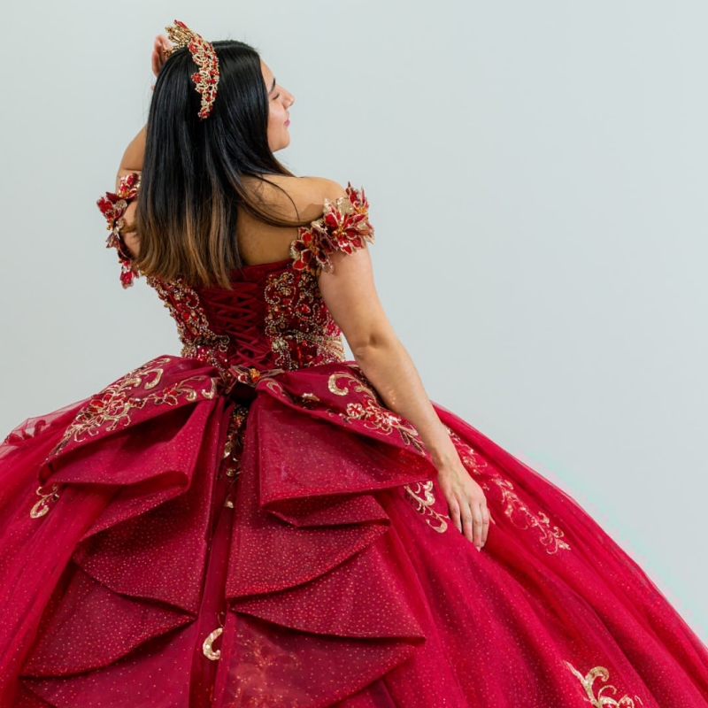 Red Shiny Quinceanera Dresses Ball Gown Off The Shoulder Applique Lace Beading Crystal Tull Party Birthday Sweet 16 Dress Vestidos 15 Anos