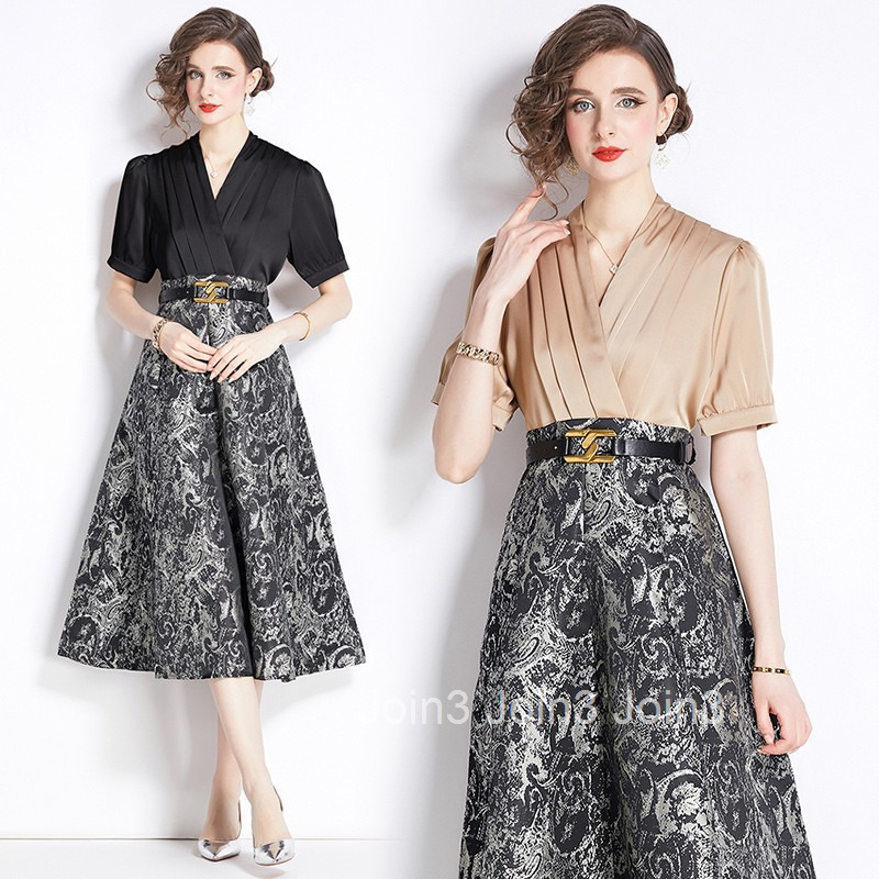 8726 Summer New Womens Elegant Fake Two-Piece Patchwork V-Neck Jacquard Flared Pocket Dress