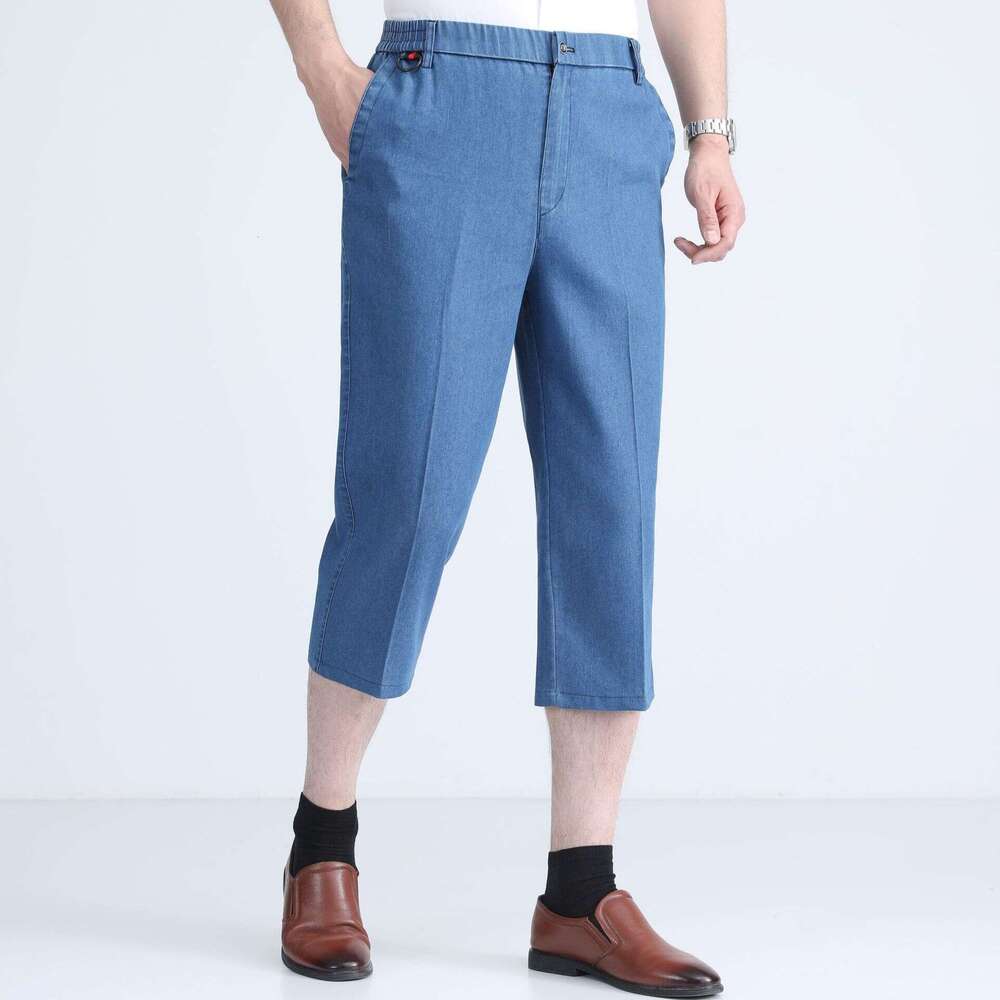 Men's Jeans Cropped Pants Summer High Waist Straight Elastic Thin Shorts Middle-aged Loose Denim Breeches