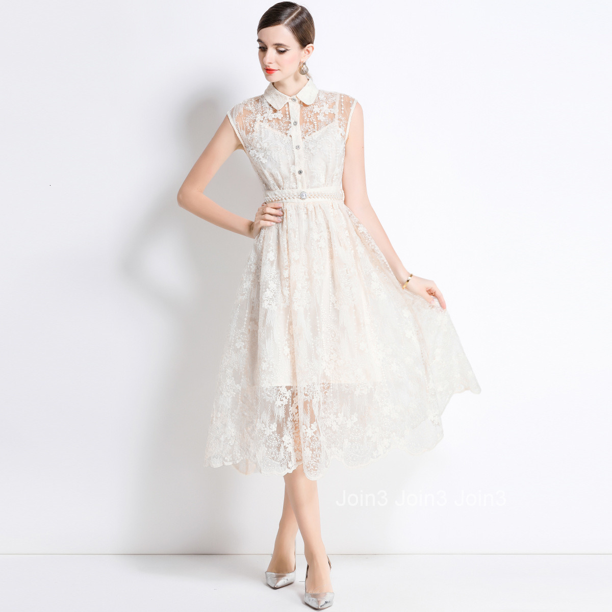 5875 Elegant Mesh Embroidered Long Dress Slim Waist Inner Strap Dress