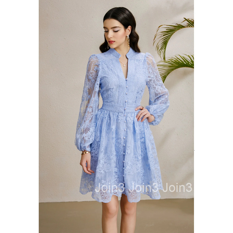8876 Early Autumn Vacation Collar Lantern Sleeve Gathered Wide Hem Embroidered Dress