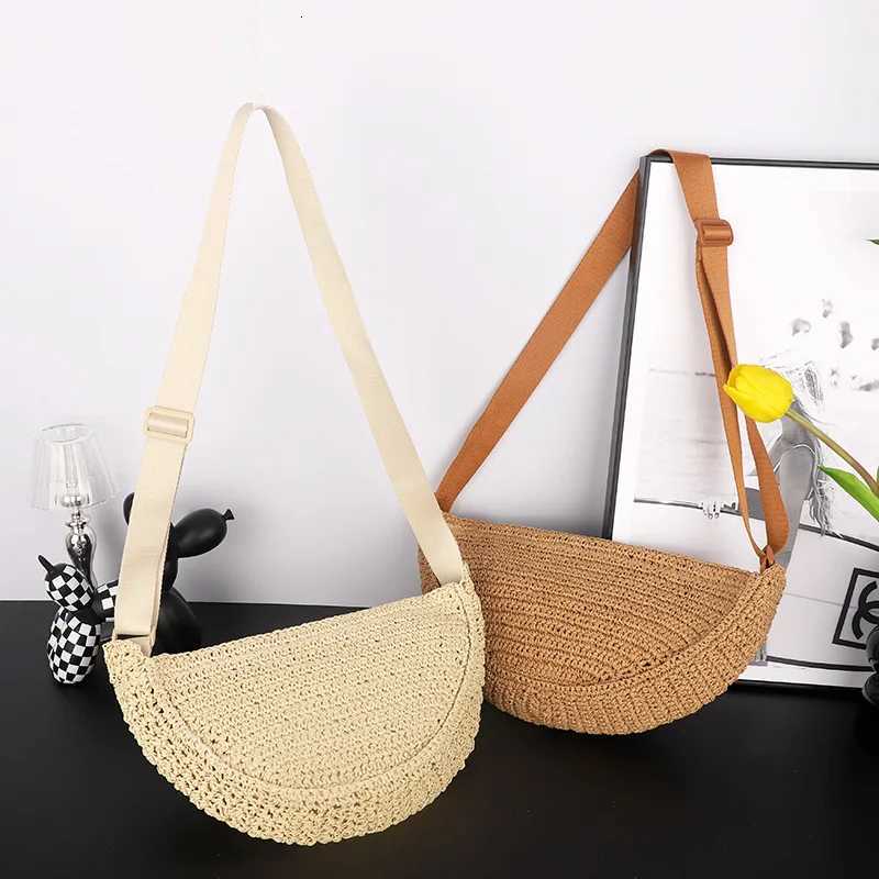Simple Paper Rope Womens Shoulder Bags Summer Fashion Straw Semicircle Crossbody Bag Casual Beach Woven Handbags Underarm Bag Y250719