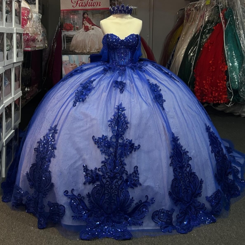 Royal Blue Shiny Quinceanera Dresses Ball Gown Off The Shoulder Applique Lace Beading Bow Tull Party Birthday Sweet 16 Dress Vestidos 15 anos