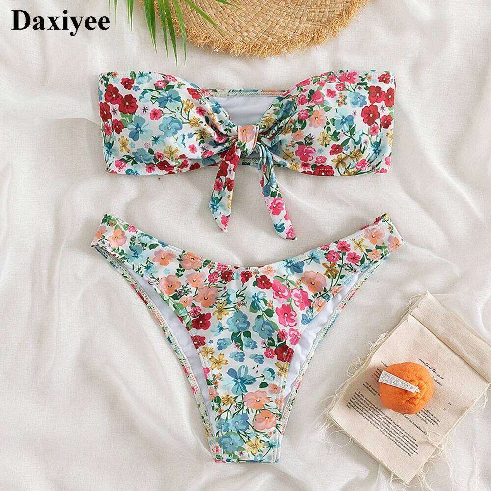 Floral Print Bandeau Bikini Set Off Shoulder Push Up Swimsuit Women Tube Top Bikinis Knot Swimwear 2024 Sexy Summer Bathing Suit