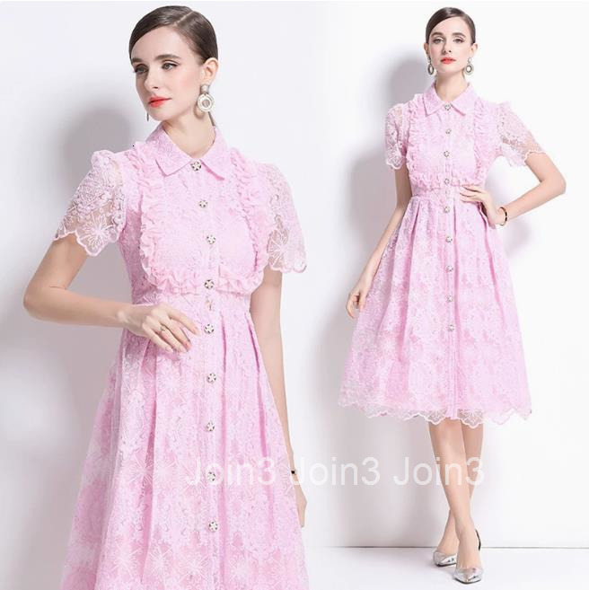 6953 Summer Dress French Elegant Heavy Lace Embroidery Turn-Down Collar Single-Breasted Waist-Cinching Slimming Formal Dress