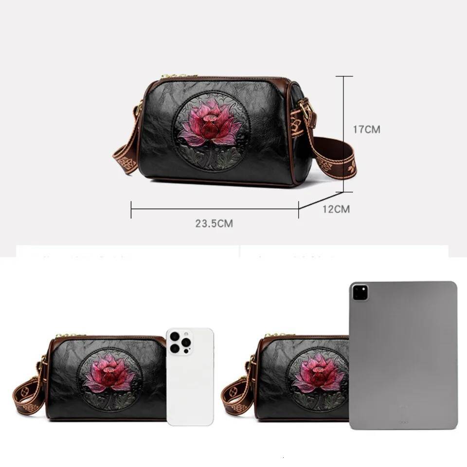 Three Layers Handbag Soft Leather Shoulder Crossbody Bags for Women Flower Print Ladies Messenger Bag with WIde Strap