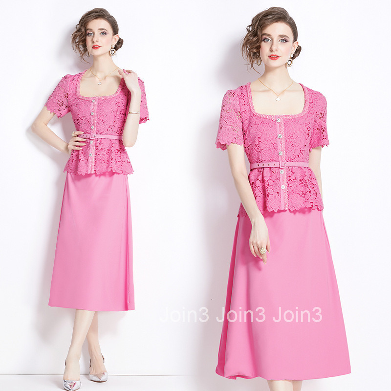 6898 Summer New Womens Fashion Elegant Pink Hollow Lace Patchwork Fake Two-Piece Short Sleeve Long Dress