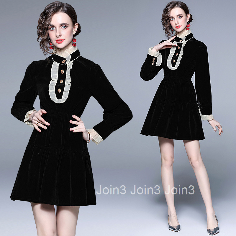 8356 Autumn New Womens Small Black Dress with Black Velvet Long Sleeve Short Skirt Style