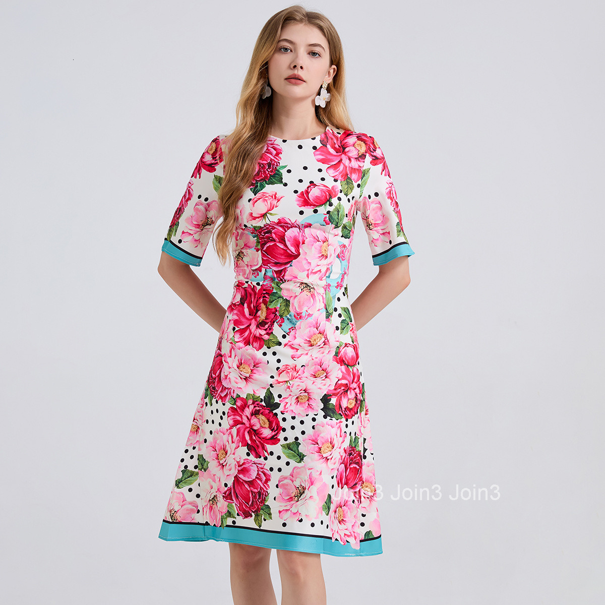 820 Summer New Printed Positioning Round Neck Slim High Waist Dress Slim Fit Mid Sleeve Dress