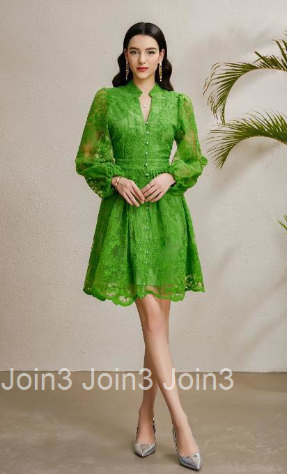 8876 Early Autumn Vacation Collar Lantern Sleeve Gathered Wide Hem Embroidered Dress