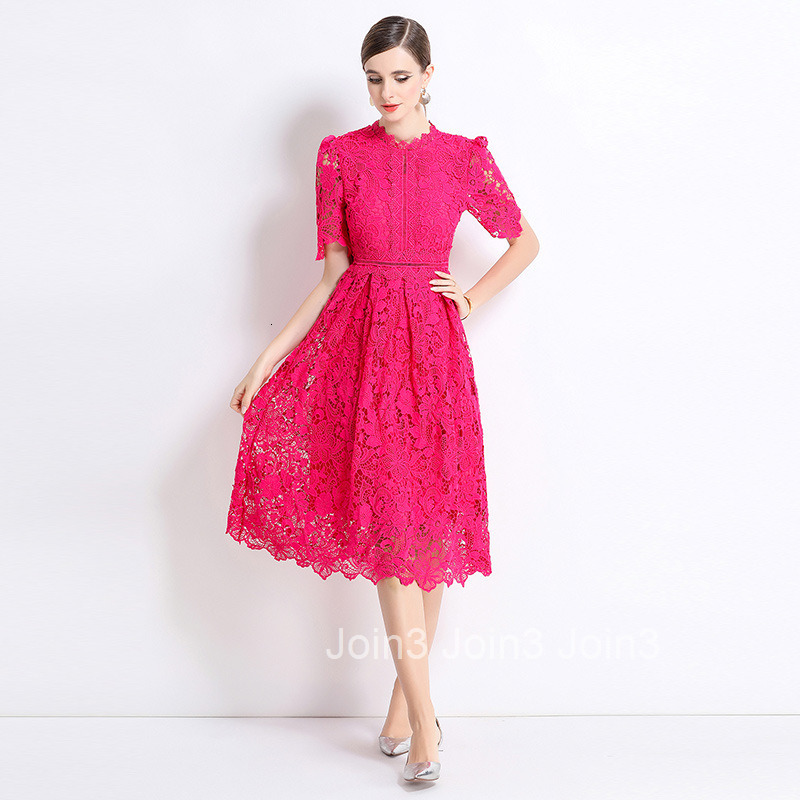 715 Short Sleeve Slimming Hollow Out Water-Soluble Lace Positioning Mid-Length Dress