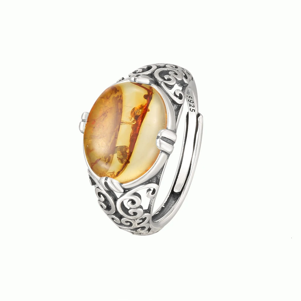 Vintage S925 Silver Wide Ring Natural Resin Amber Womens Ring Wedding Exquisite Jewelry Party Accessories Birthday Gift 250716