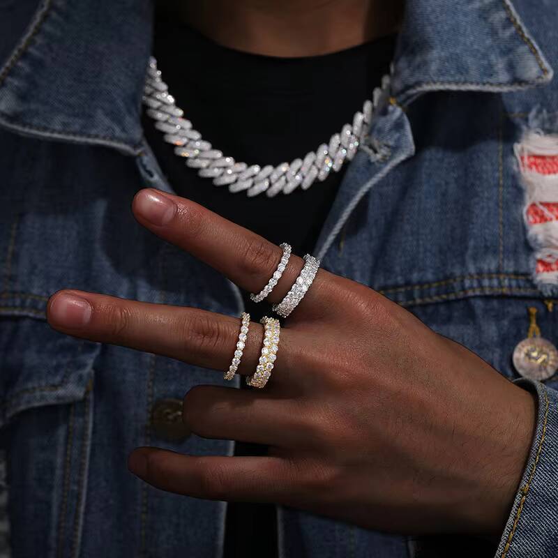 Hip Hop VVS D Color Moissanite Full Eternity Diamond Ring Double Row Wedding S925 Sterling Silver Iced Mens Ring for Parties