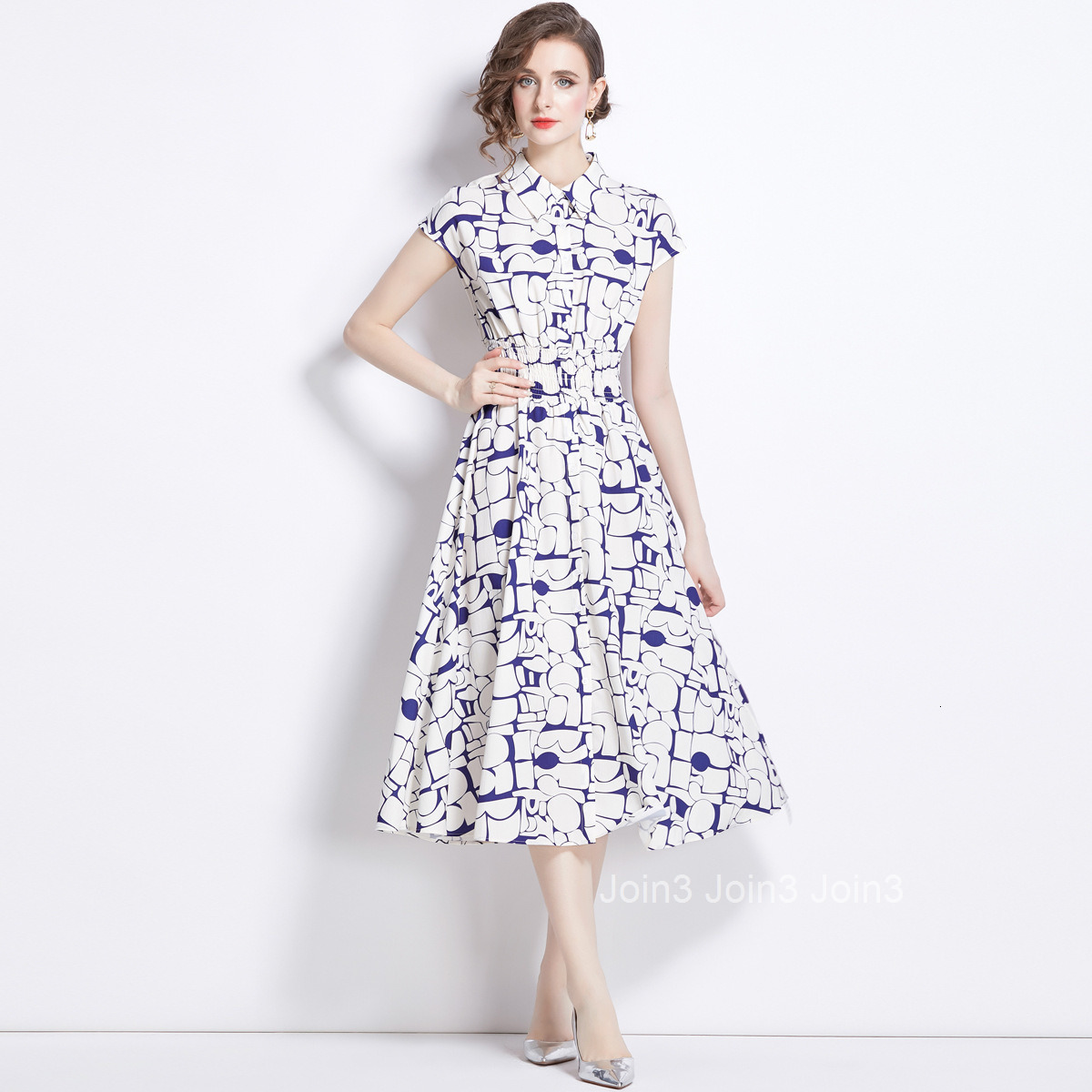 1655 Summer New Womens Fashion Elegant Turn-Down Collar Short Sleeve Ink Print Mid-Length Flared Dress