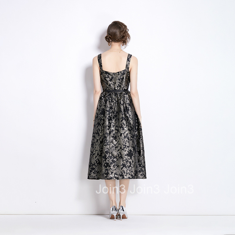 6899 Summer New Womens Jacquard Waist-Cinching Strap Puff Dress Elegant Gown Dress