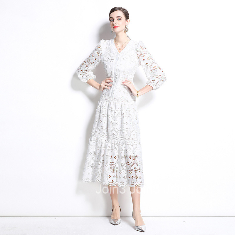 6967 Spring and Autumn New Womens Dress Style Hollow Hook Flower Waist Lantern Sleeve Large Swing Long Dress