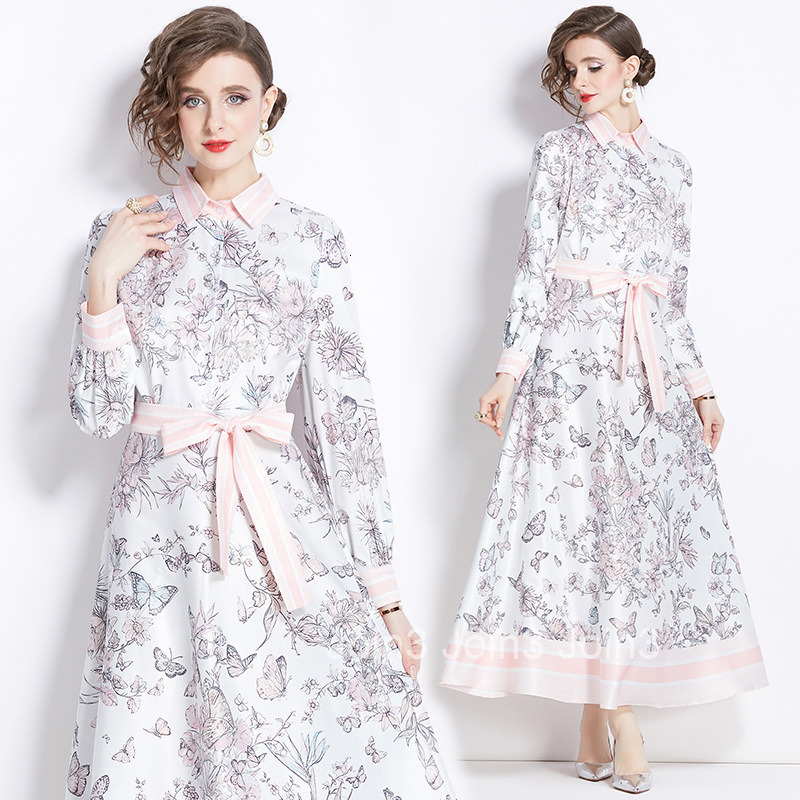 3936 Summer New Womens Fashion Printed Turn-Down Collar Long Sleeve Long Dress with Belt