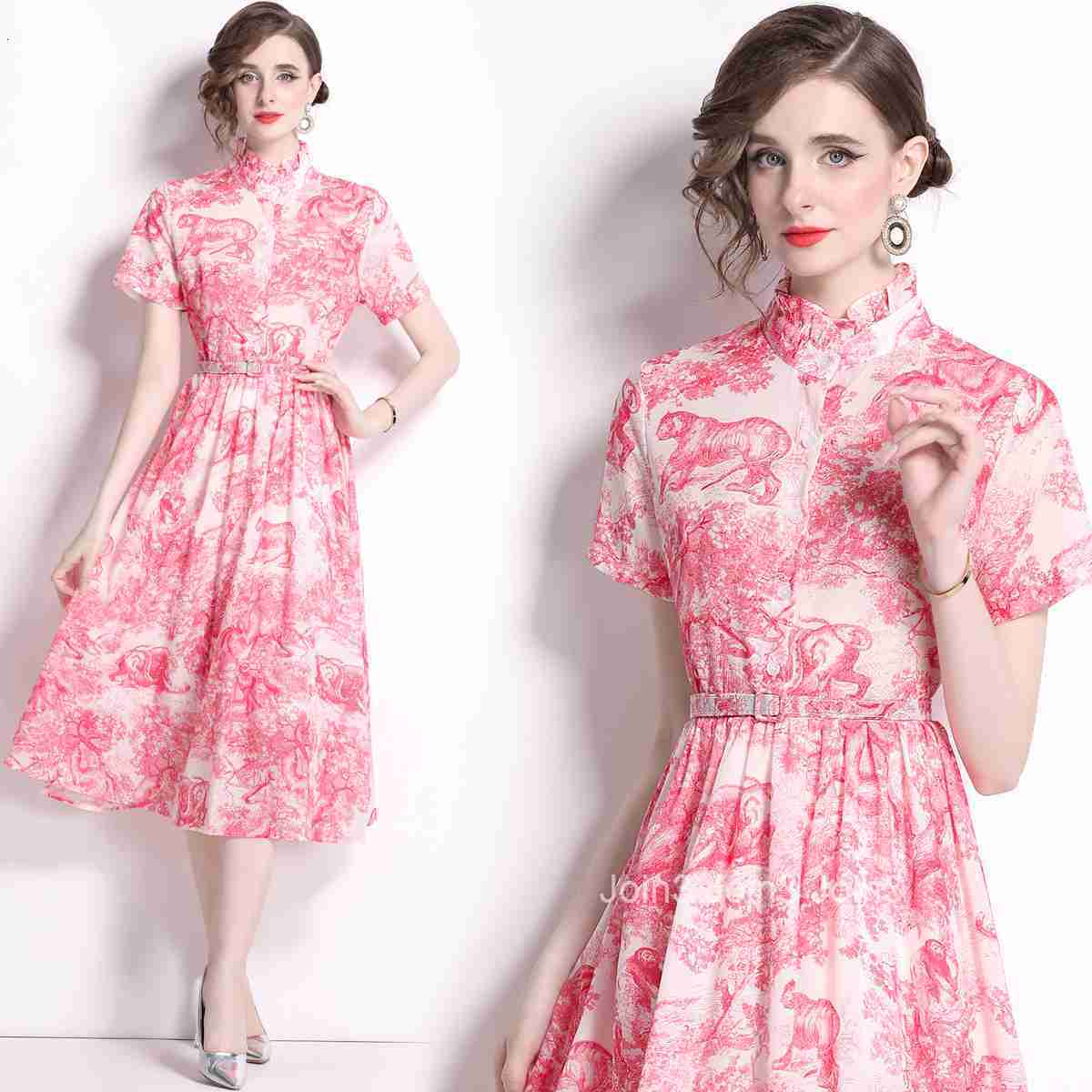 5829 Summer New Womens Blue and White Ink Wash Print Short Sleeve Slim Fit Mid-Length Dress with Lining