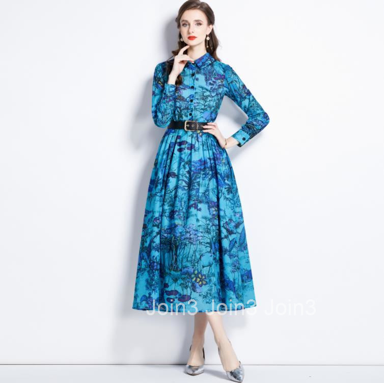 1605 Autumn New Womens Polo Neck Print Waist Wrap Long Dress (with Belt)