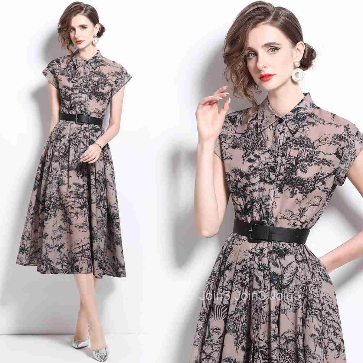 1664 Summer New Womens Printed Turn-Down Collar Short Sleeve Slim Mid-Length Dress with Belt