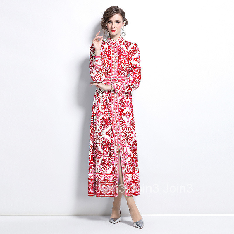 8773 Spring and Autumn new womens clothing style fashionable Elegance style standing collar long skirt printed dress