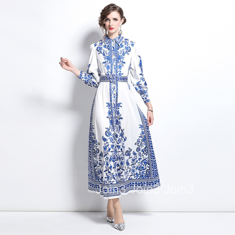 8771 Fashion Elegance Style Turn-Down Collar Single-Breasted Blue and White Porcelain Print Dress