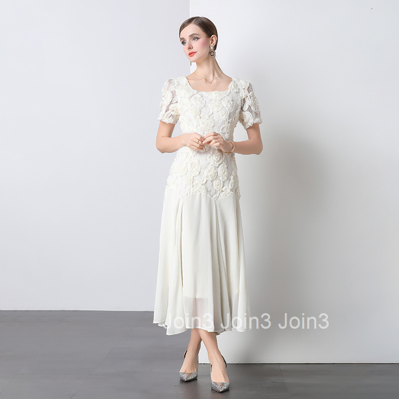 7153 European Heavy Lace 3D Flower Square Neck Dress for Women Summer New Fashionable Bodycon Mesh Long Dress