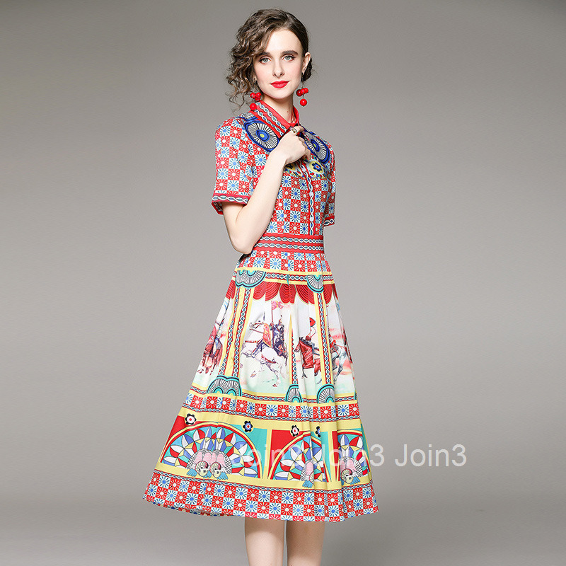 7496 Summer New Womens Style Printed Dress with Collar Short Sleeve Slim fit Waist cinching Medium length Skirt