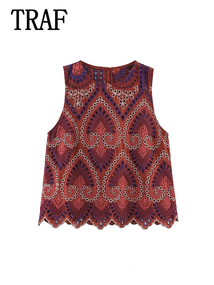 TRAF Women Embroidery Hollow Out Suit 2025 Summer Casual Chic ONeck Fashion Sleeveless Top Long Skirt 250717